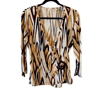 Cato Womens Faux Wrap Top Y2K Brown Vintage Asymmetrical Buckle Med 3/4 Sleeve